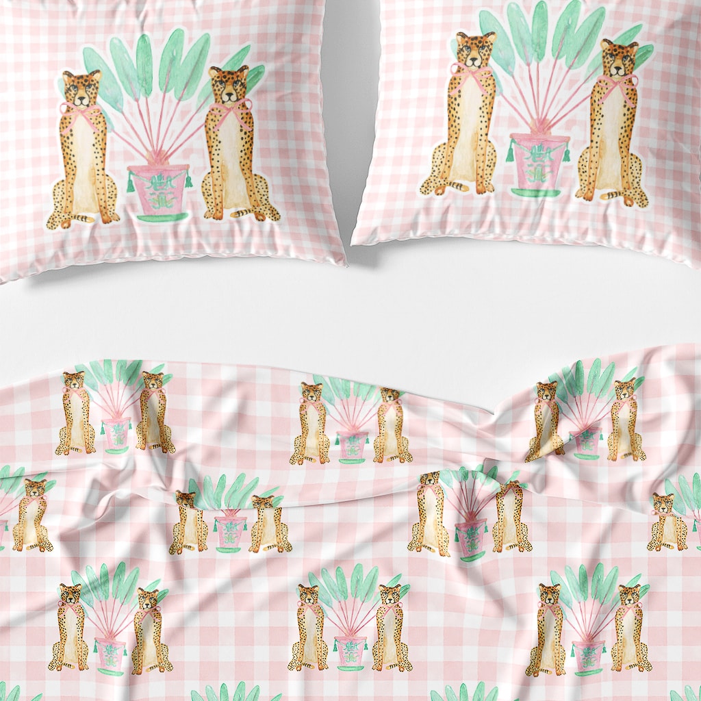 Pink Gingham Cheetah Duvet Cover, Cute Pink Preppy Bedding for Girls