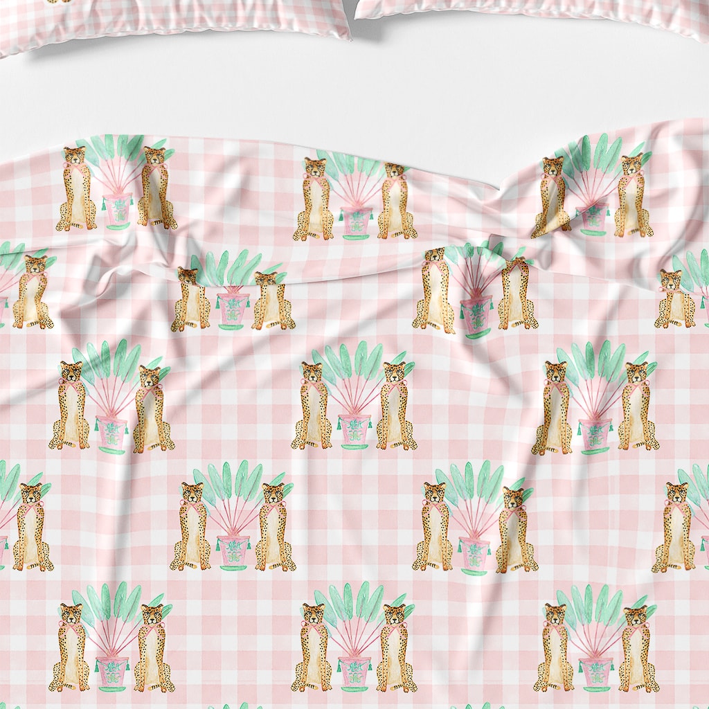 Pink Gingham Cheetah Duvet Cover, Cute Pink Preppy Bedding for Girls