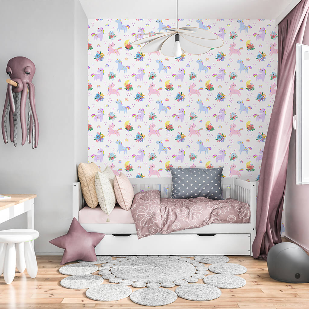 Kids Wallpaper Unicorns, Colorful Peel and Stick Nursery Wallpaper