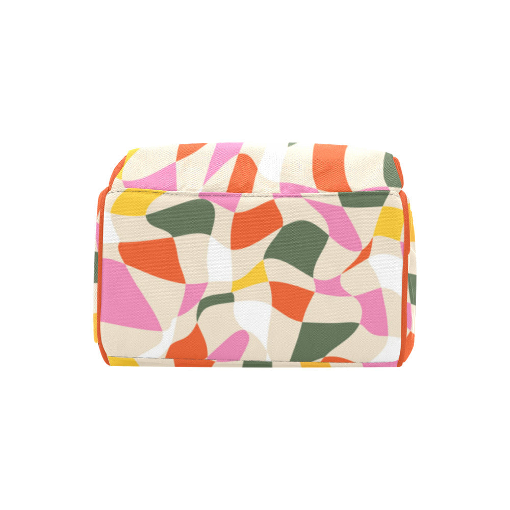 Multifunctional backpack with an abstract pattern and multiple practical pockets.Perfect as a diaper bag. Fits a 14" laptop.