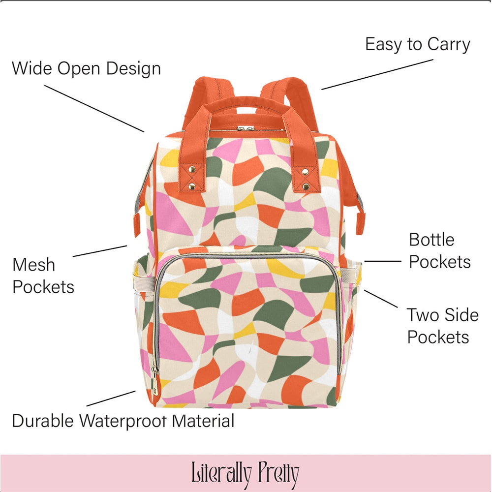 Multifunctional backpack with an abstract pattern and multiple practical pockets.Perfect as a diaper bag. Fits a 14" laptop.