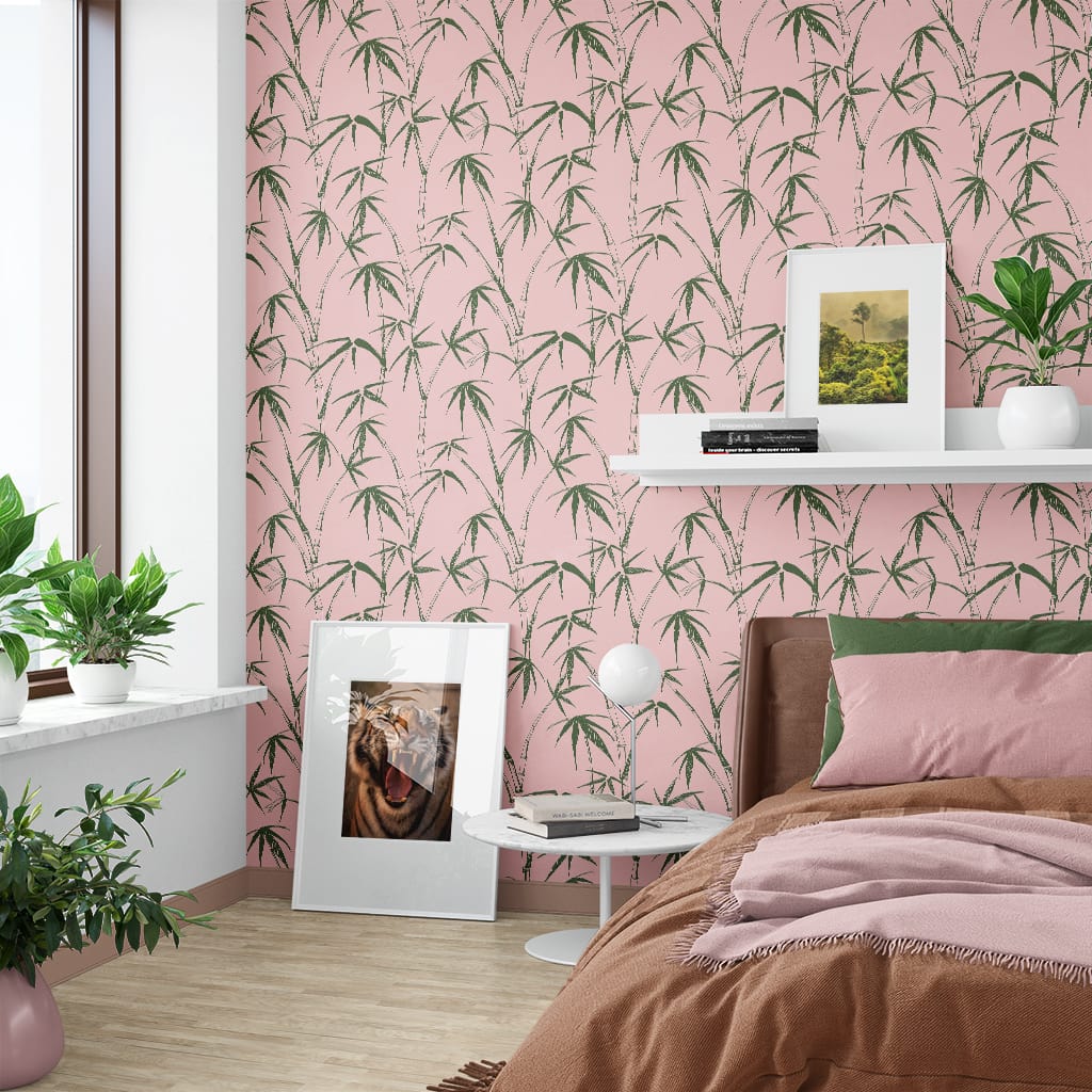 Bamboo Wallpaper Pink Green Tropical Bedroom
