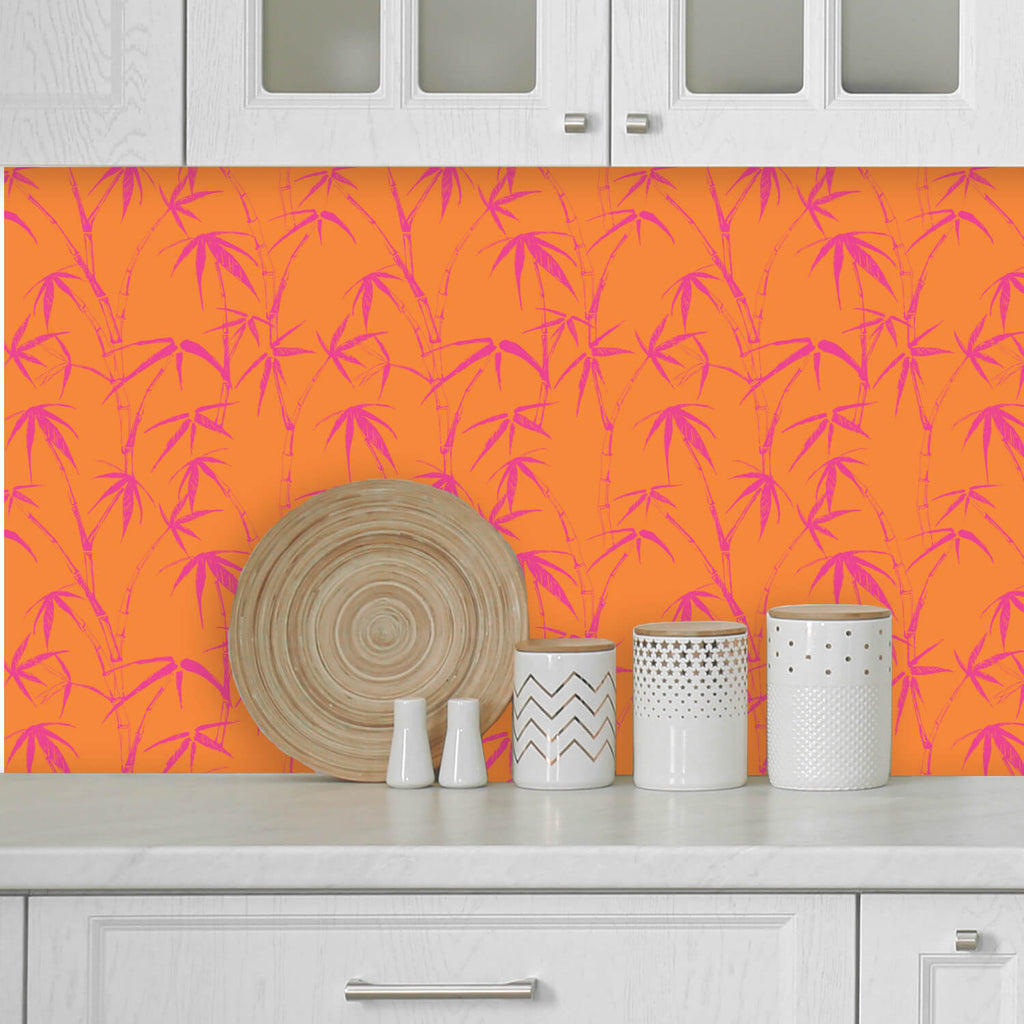 Bamboo Wallpaper Orange Pink, Peel and Stick Wallpaper Tropical