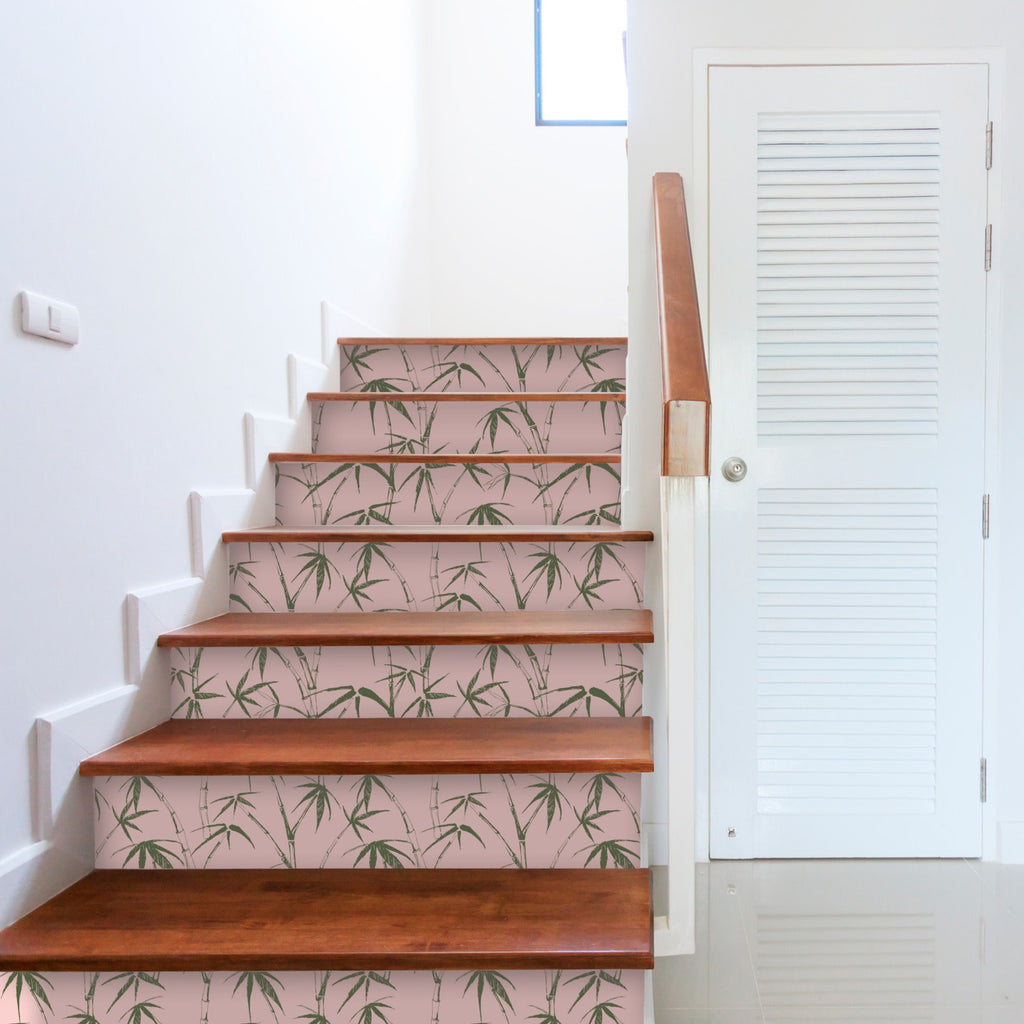 Bamboo Wallpaper Pink Green Peel and stick wallpaper decorates a staircase
