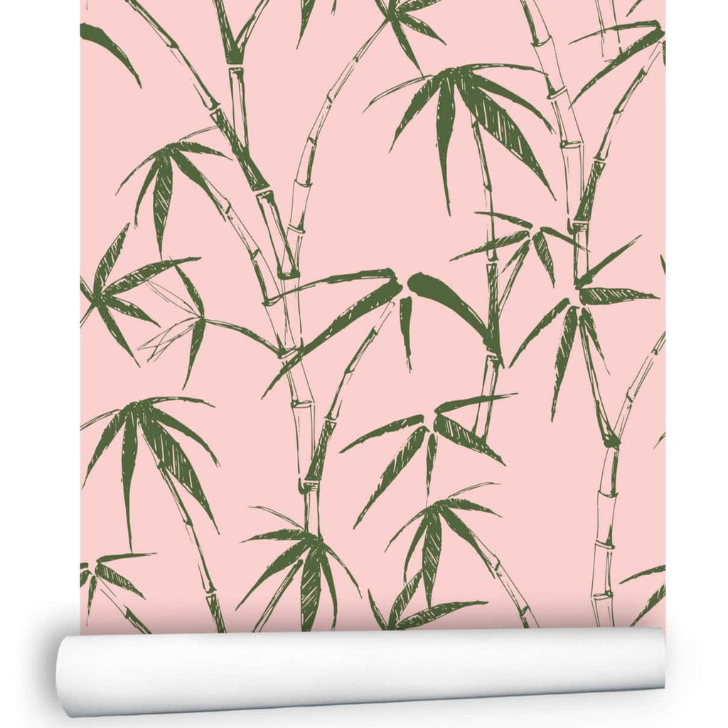 Bamboo Wallpaper Pink Green Roll