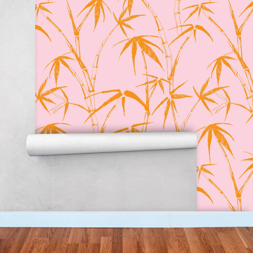 Bamboo Wallpaper Pink Orange, Peel and Stick Wallpaper Tropical
