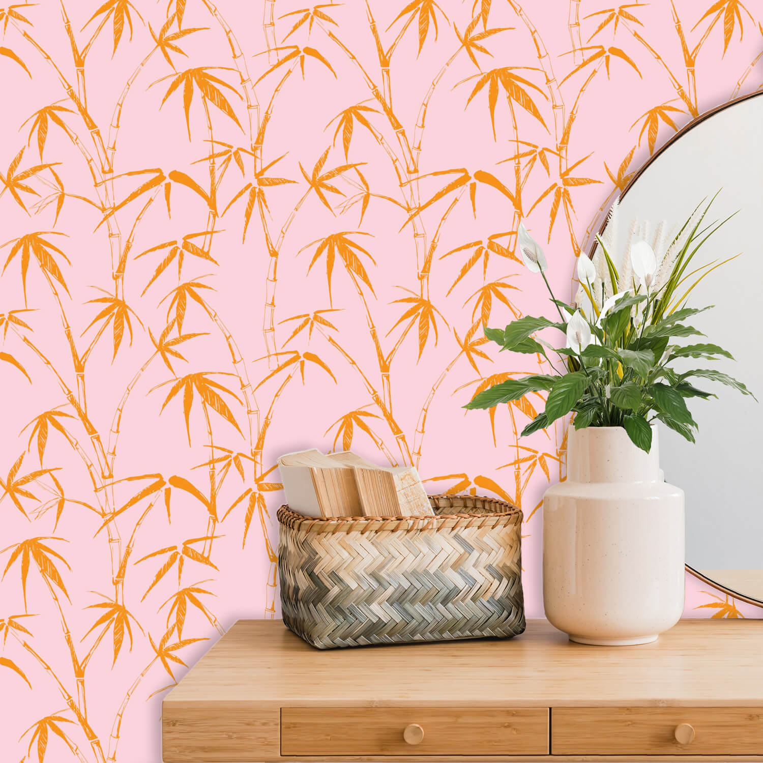 Bamboo Wallpaper Pink Orange, Peel and Stick Wallpaper Tropical – Literally  Pretty