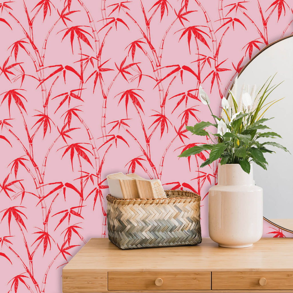 Bamboo Wallpaper Pink Red, Peel and Stick Wallpaper Tropical