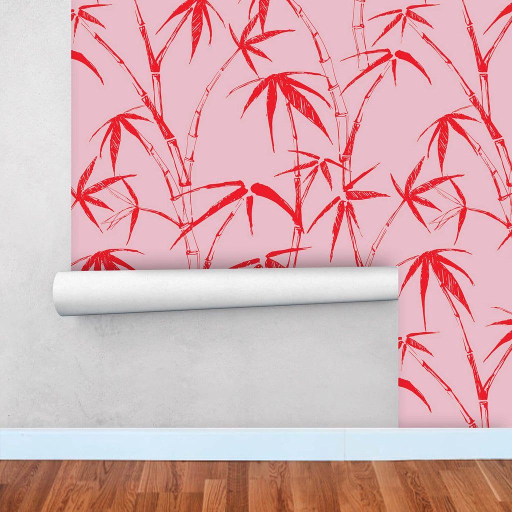 Bamboo Wallpaper Pink Red, Peel and Stick Wallpaper Tropical