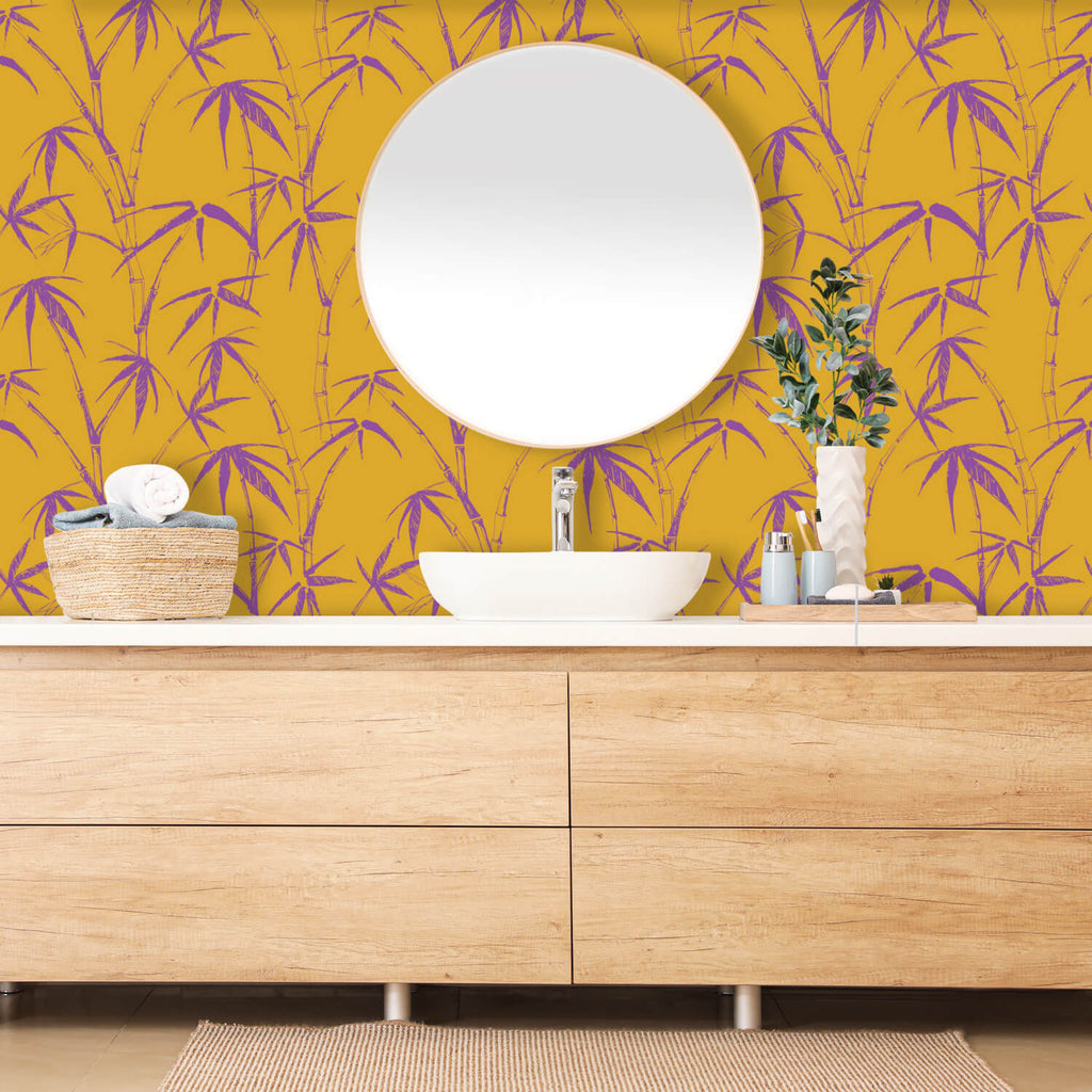 Bamboo Wallpaper Yellow Purple, Peel and Stick Wallpaper Tropical