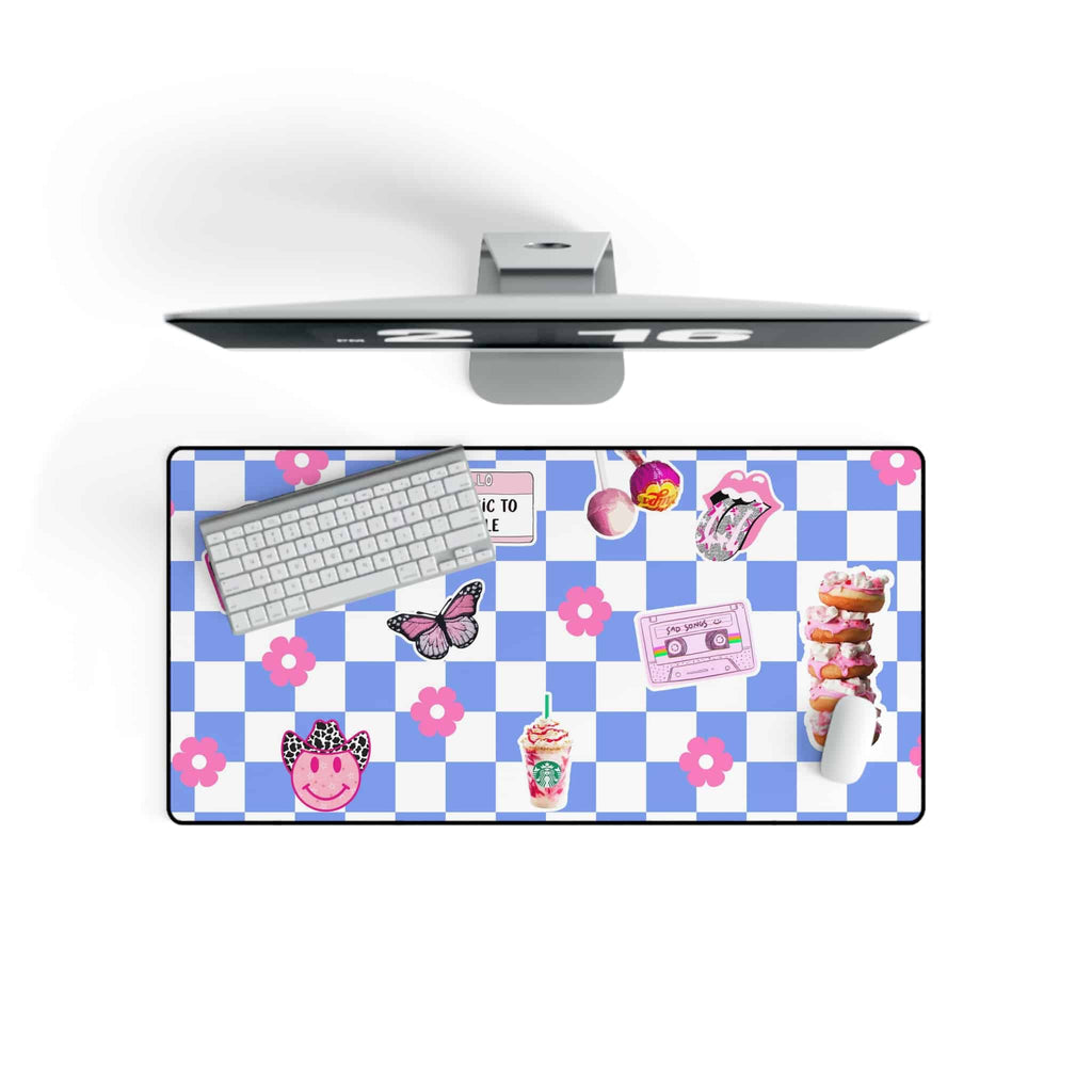 Desk Mat Teen Desk Decor, Blue Aesthetic Room Decor for Girls with checkerboard pattern and y2k sticker illustrations