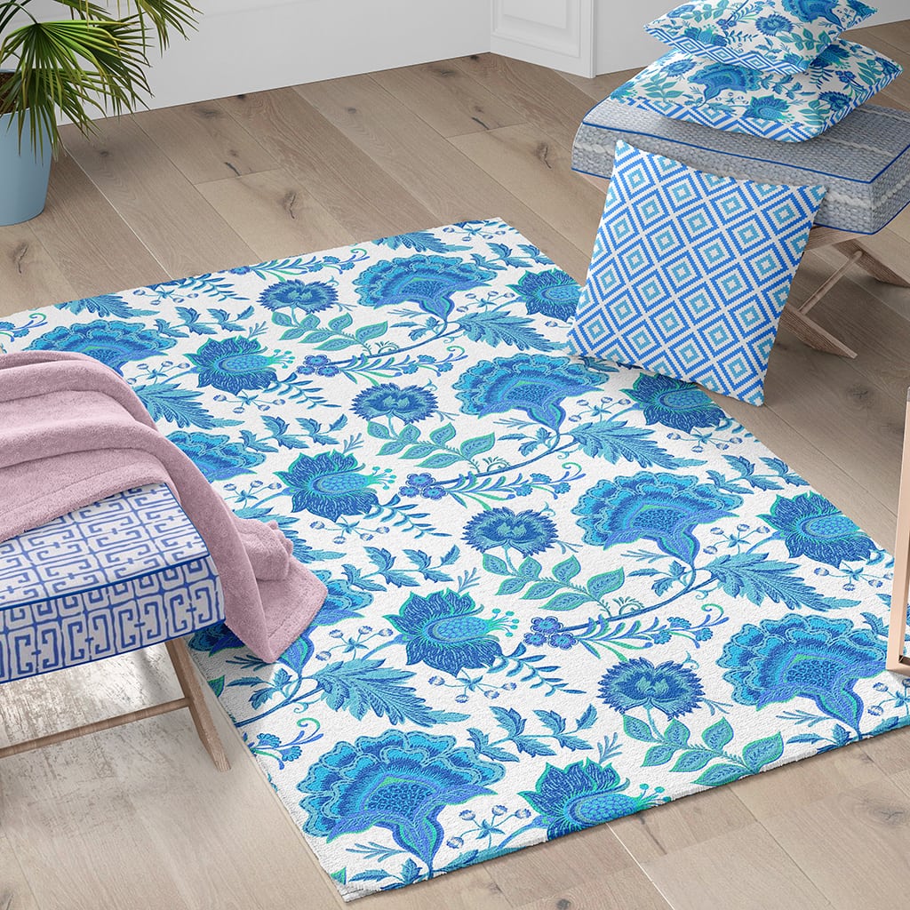 Brightly Colored, Low-Pile Area Rug with Flowers