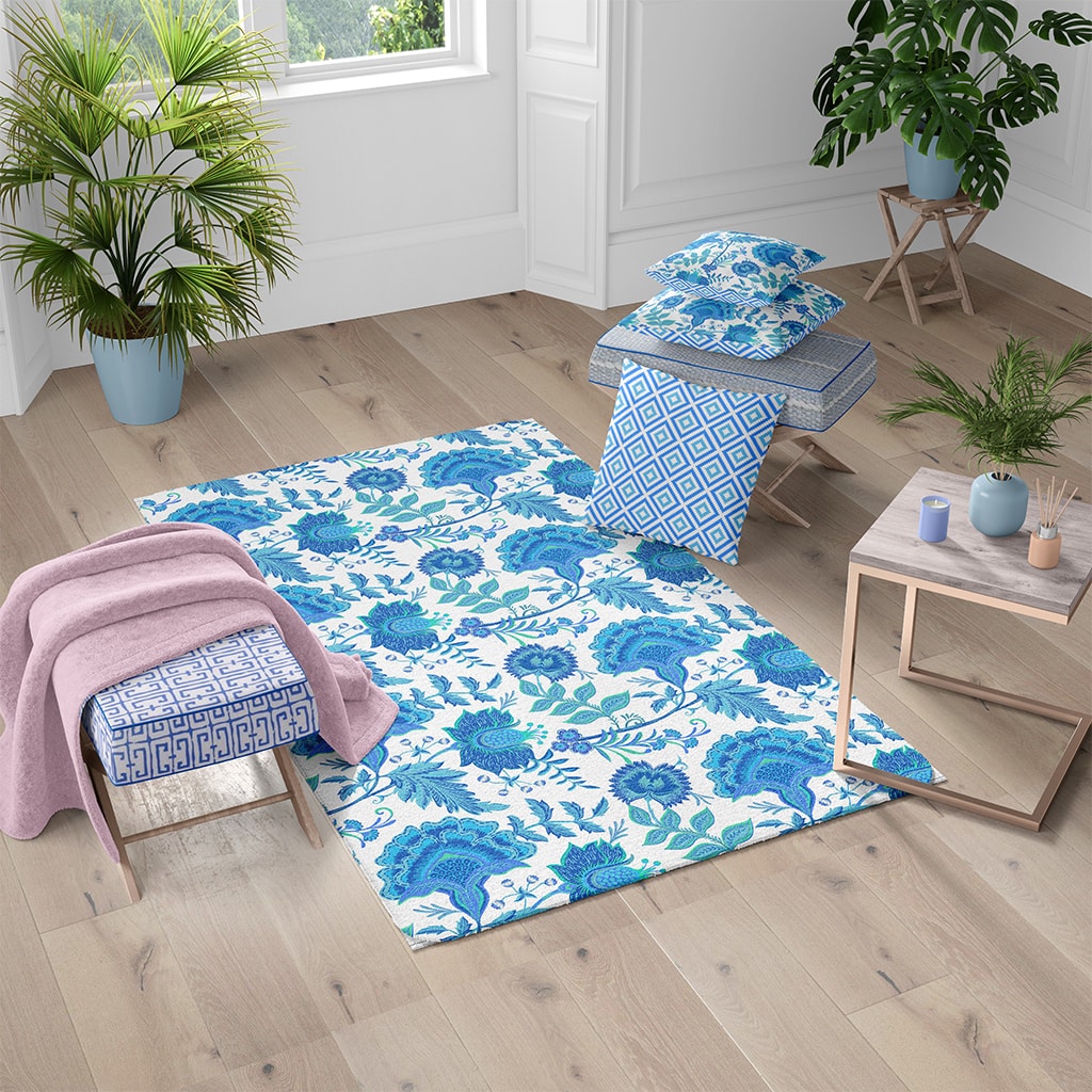 Brightly Colored, Low-Pile Area Rug with Flowers