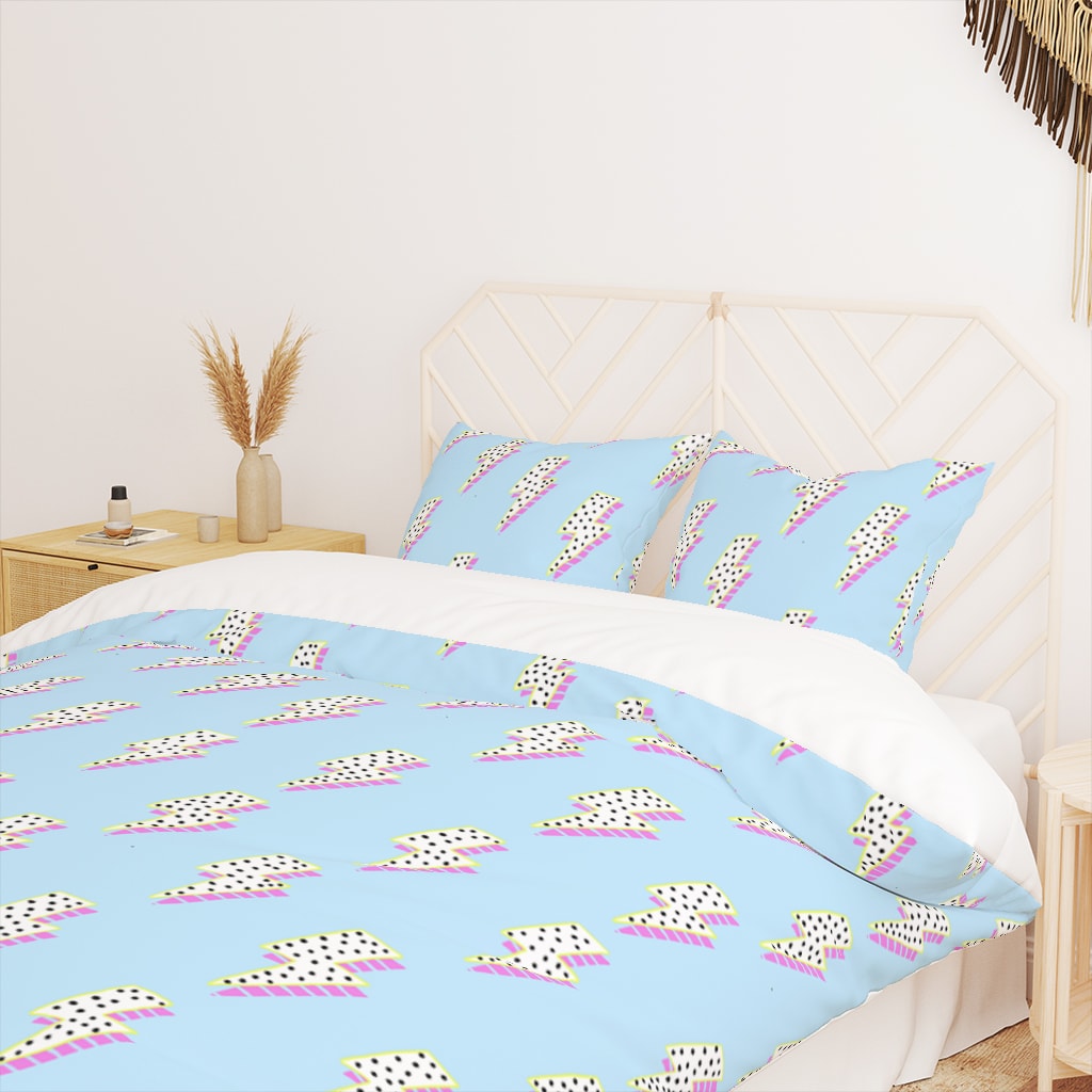 Blue Preppy Duvet Cover with Lightning Bolts - Teen Bedroom Decor