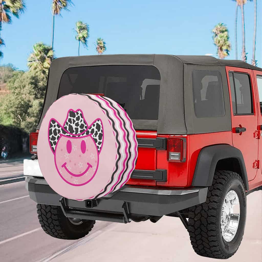 Boho Spare Tire Cover Pink Happy Cowboy | Cute Car Decor Preppy