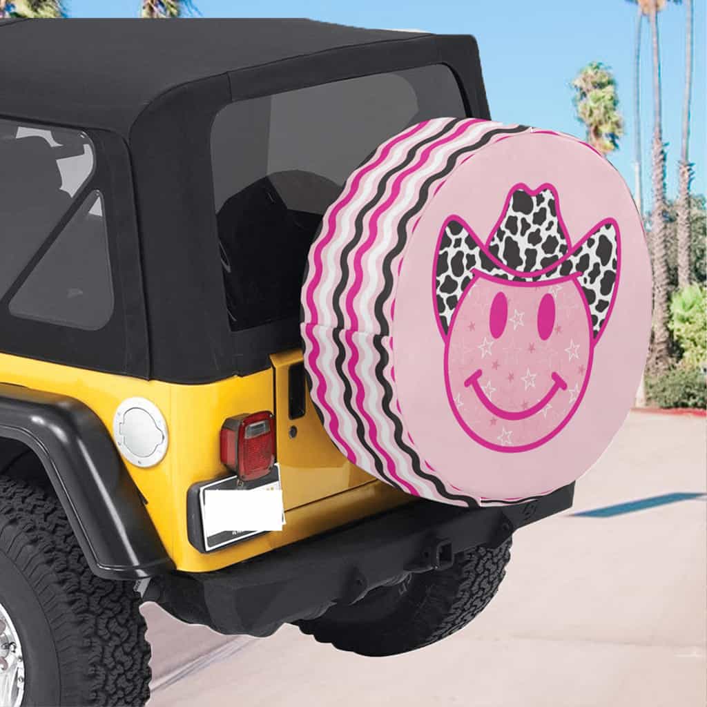 Boho Spare Tire Cover Pink Happy Cowboy | Cute Car Decor Preppy