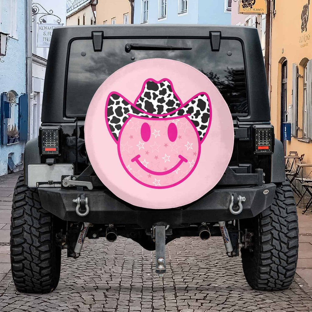 Boho Spare Tire Cover Pink Happy Cowboy | Cute Car Decor Preppy