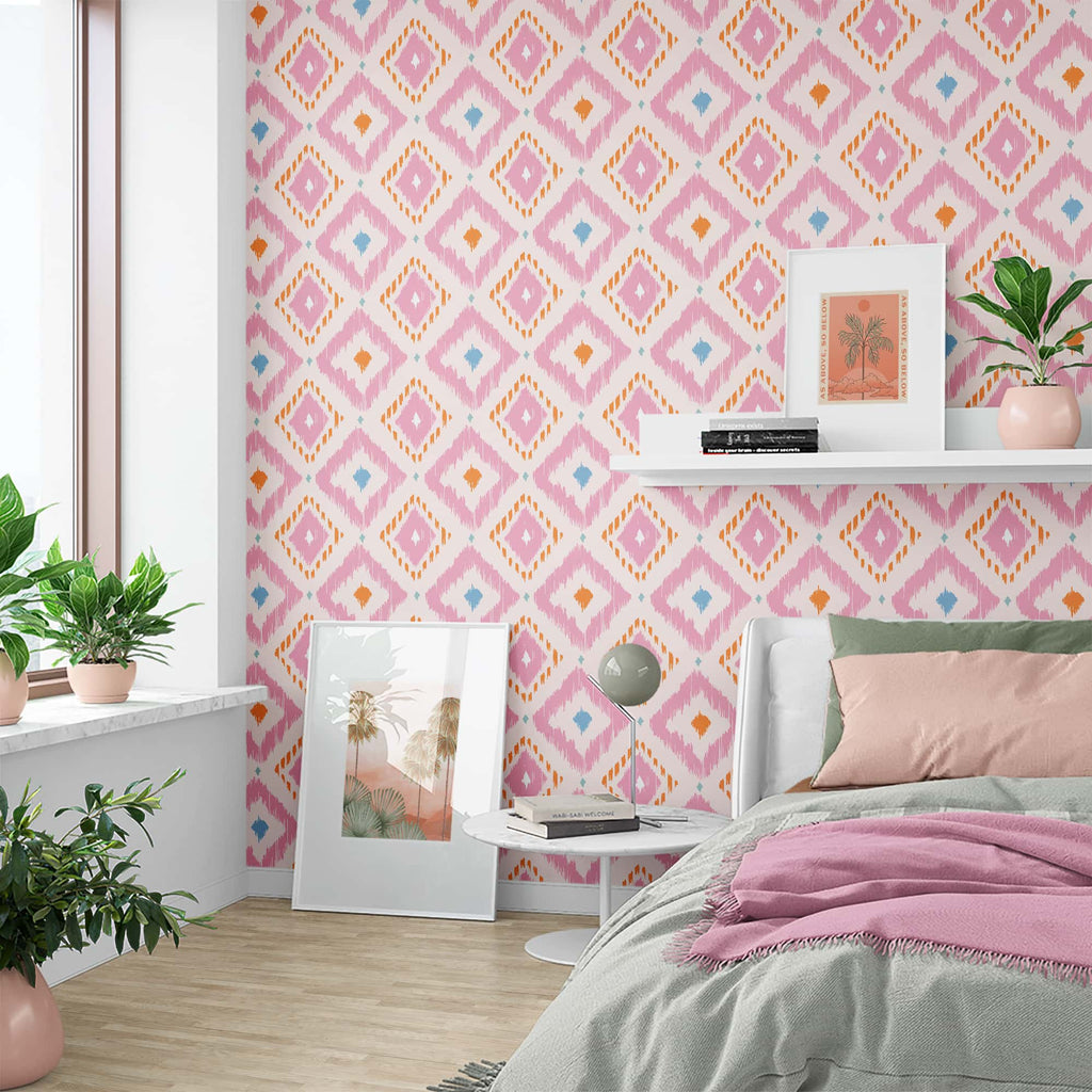 Boho Wallpaper Pink, Bohemian Ikat Removable Wallpaper, Pink