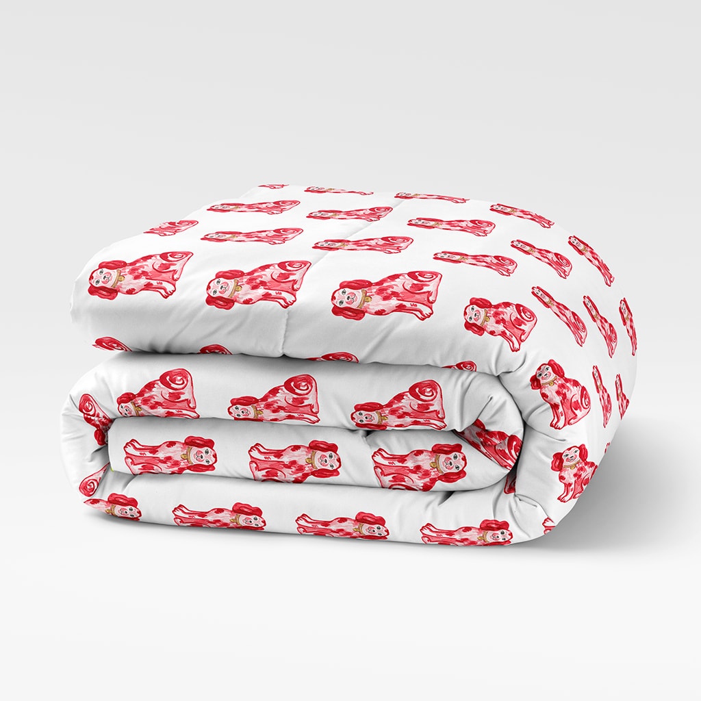 Chinoiserie Dog Comforter Red, Preppy Bedding Quilt