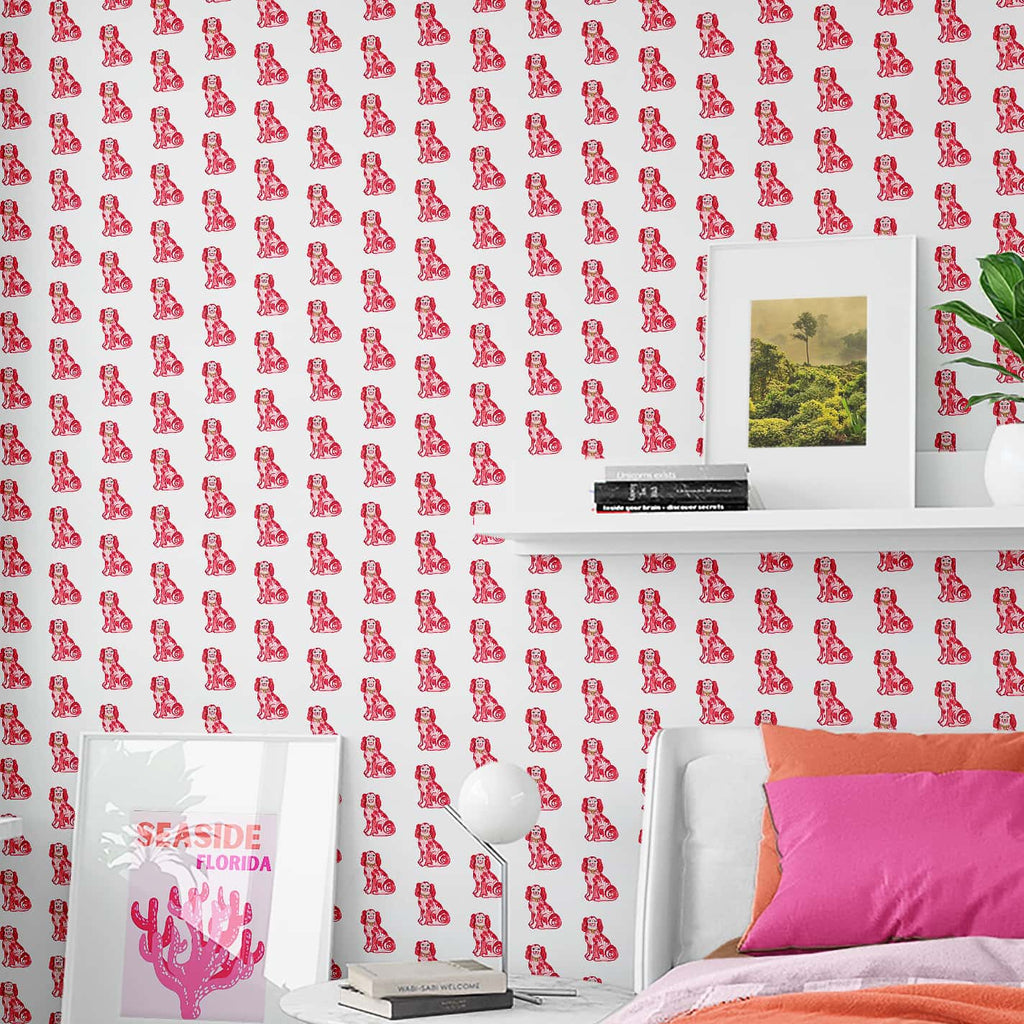 Chinoiserie Dog Wallpaper Red