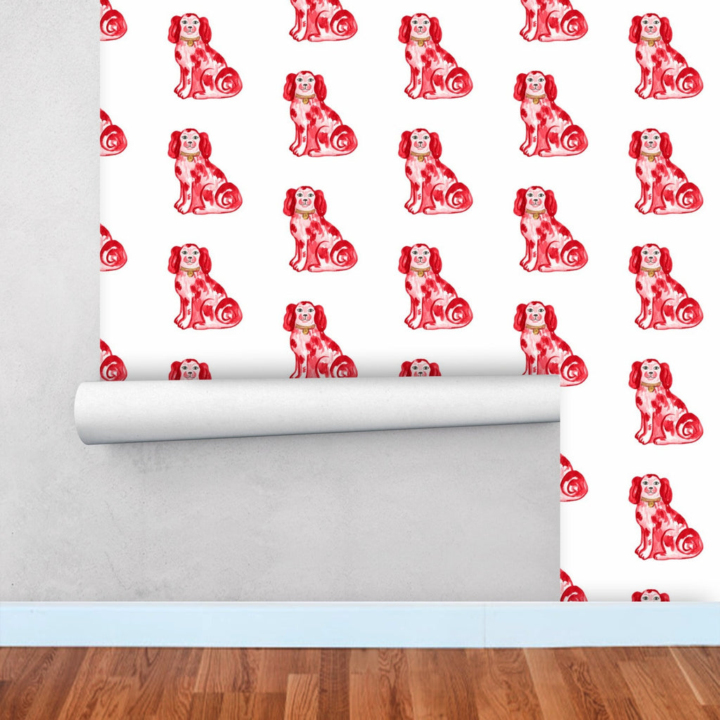 Chinoiserie Dog Wallpaper Red, Preppy Wall Decor