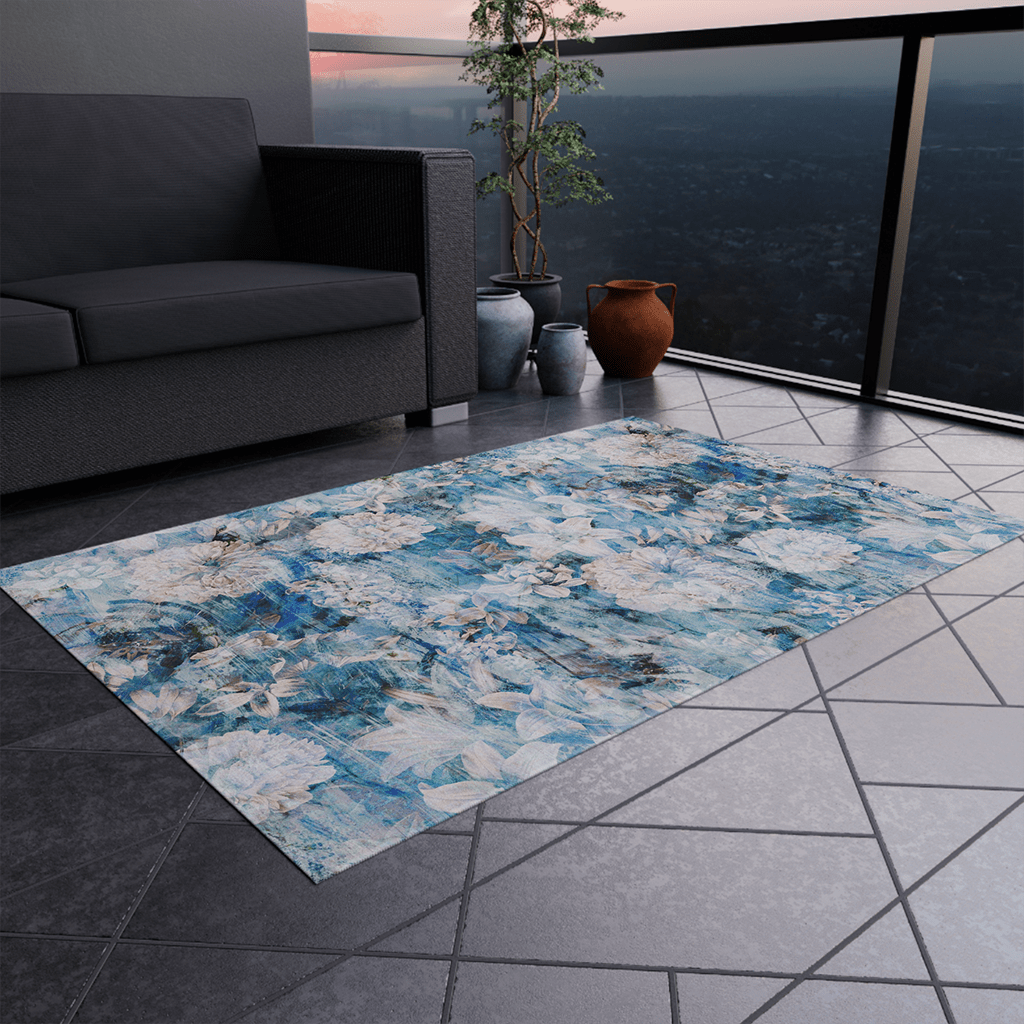 Classic Elegant Floral Area Rugs in Blue, Rug for Living Room Bedroom