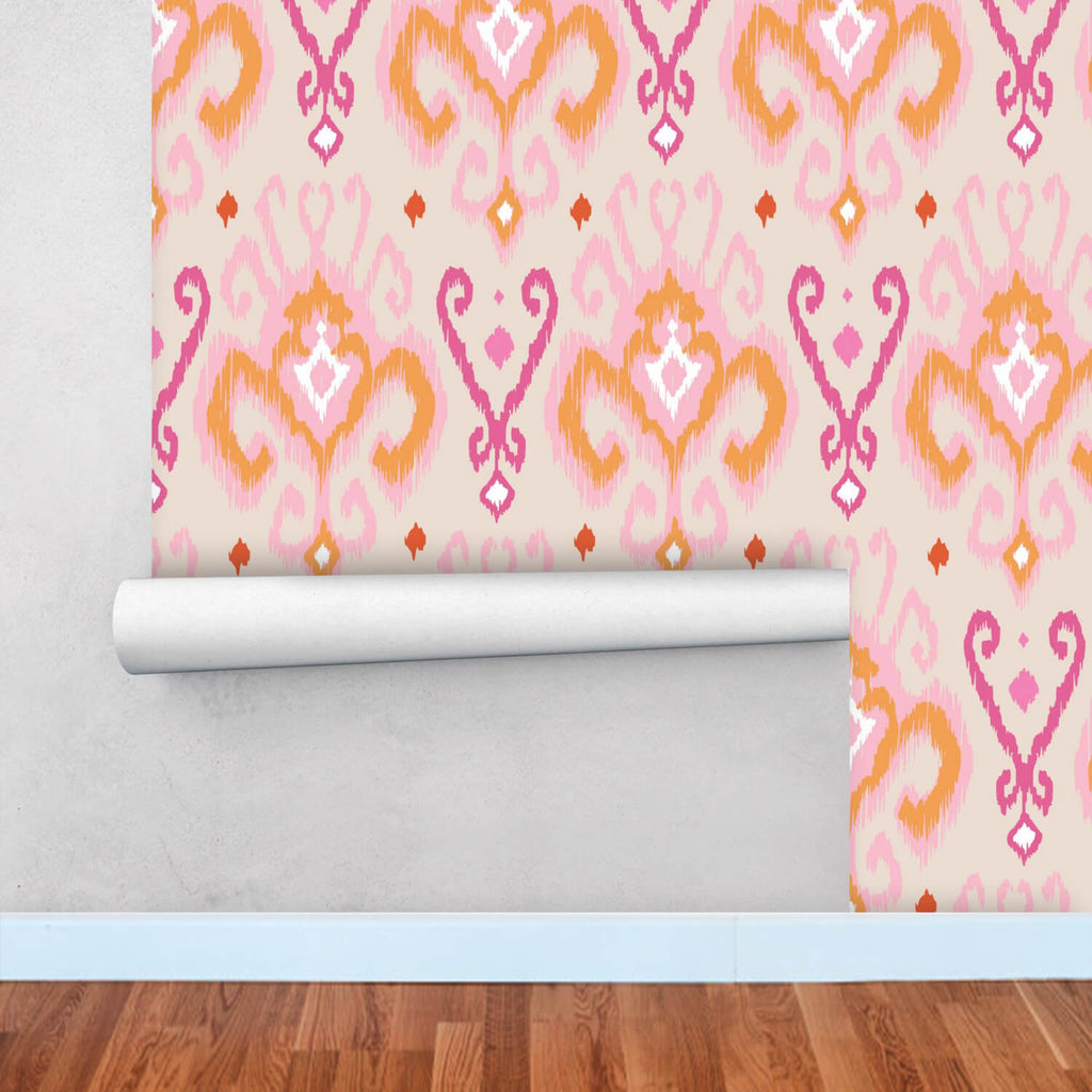 Peel and Stick Boho Wallpapers Beige Orange, Renter Friendly Wallpaper