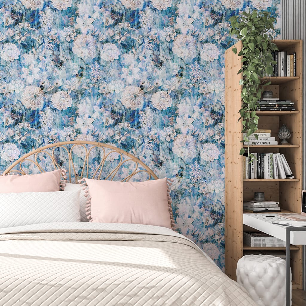 Peel and Stick Wallpaper Floral Blue, Classic Elegant Wall Mural