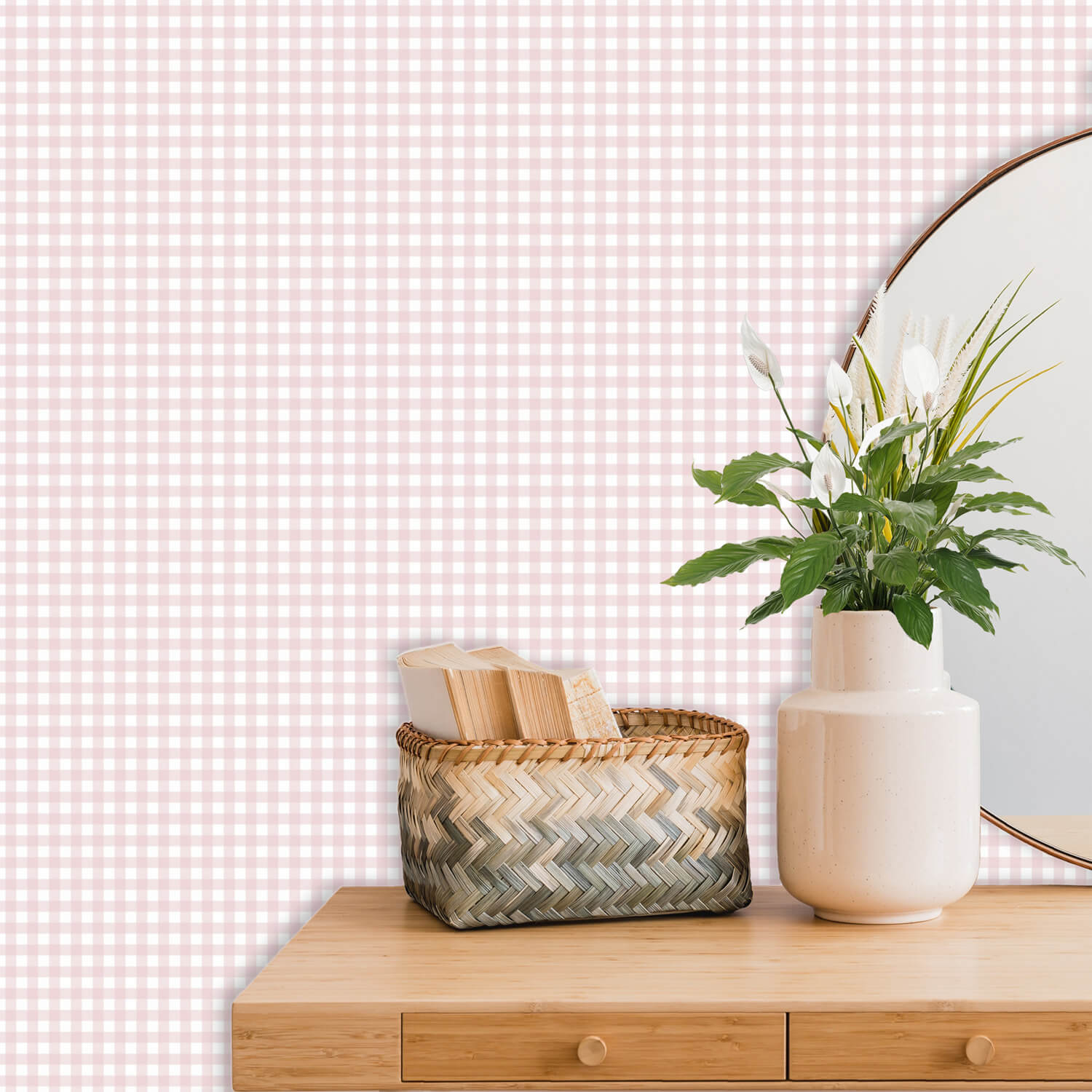 Pink Gingham Peel and Stick Wallpaper