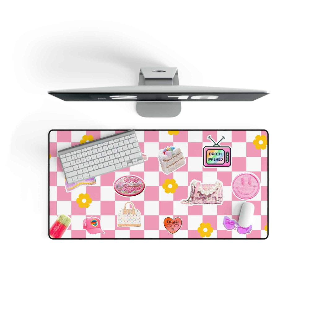 Desk Mat Teen Desk Decor, Pink Aesthetic Room Decor for Girls with checkerboard pattern and y2k sticker illustrations