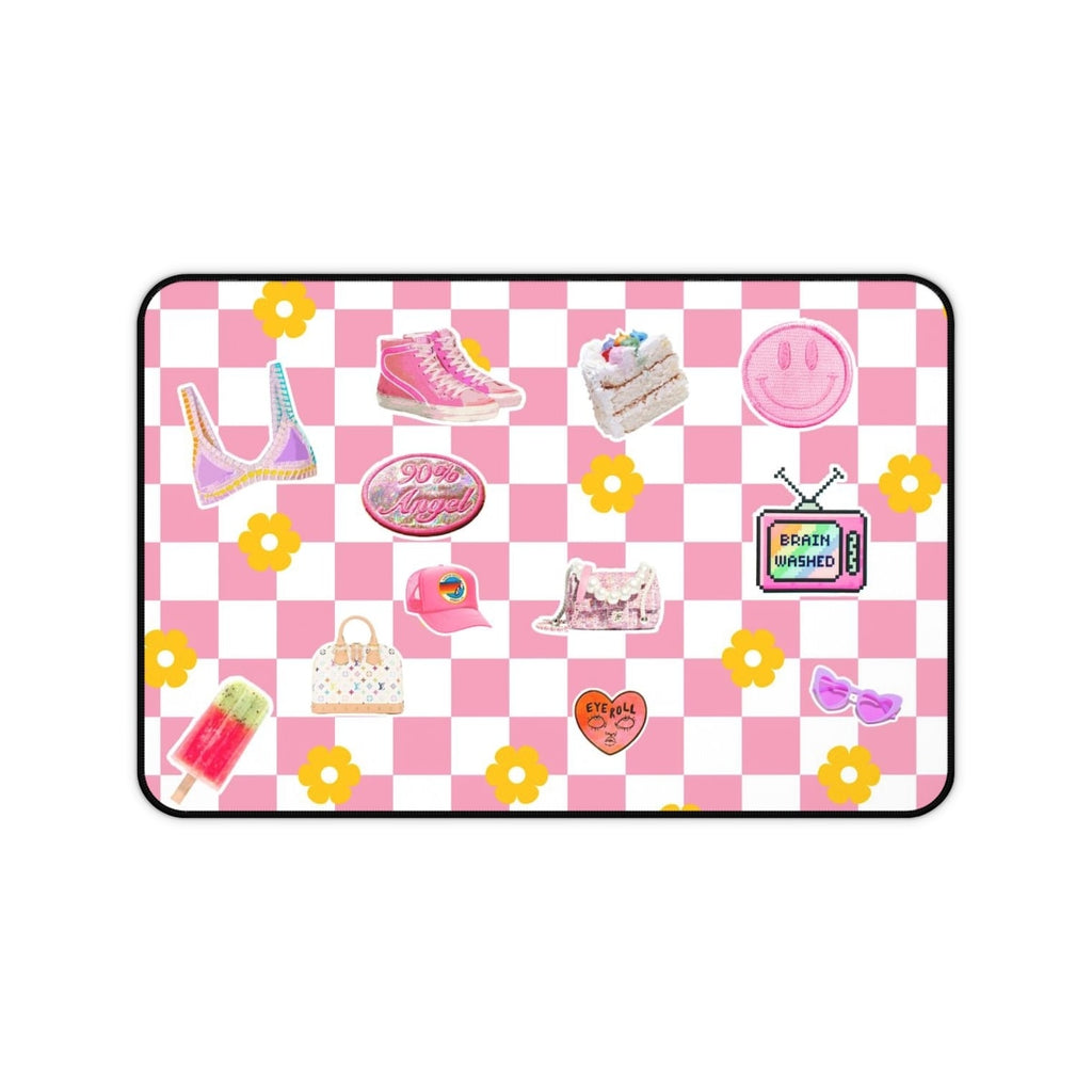 Desk Mat Teen Desk Decor, Pink Aesthetic Room Decor for Girls with checkerboard pattern and y2k sticker illustrations