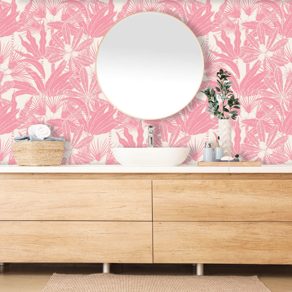 Pink Monochrome Wallpaper Tropical Peel and Stick Wallpaper