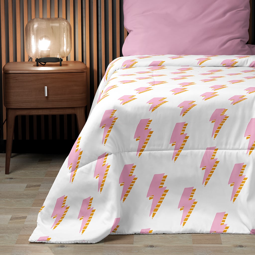 Preppy Comforter Lightning Bolts Pink Yellow, Aesthetic Bedding