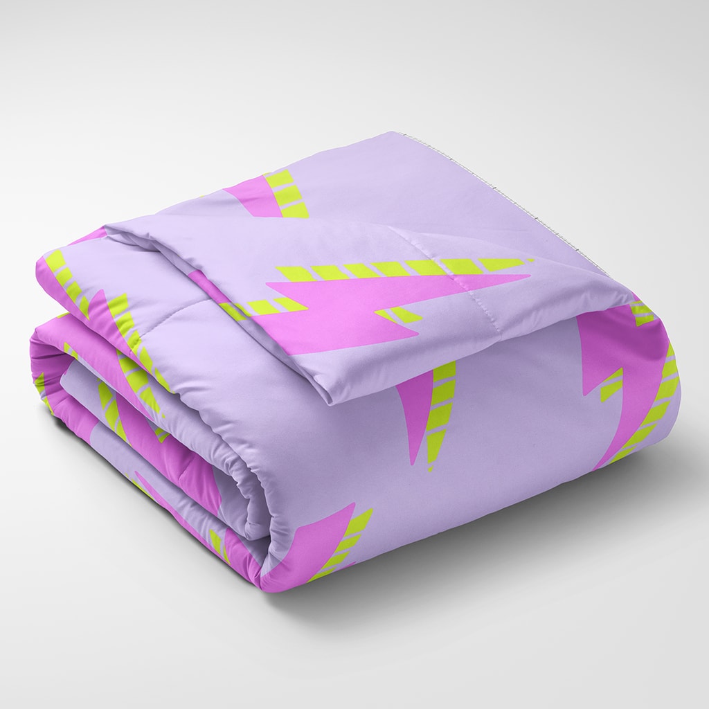 Purple preppy comforter with pink and yellow lightning bolts, aesthetic room decor for teen girls and dorm rooms