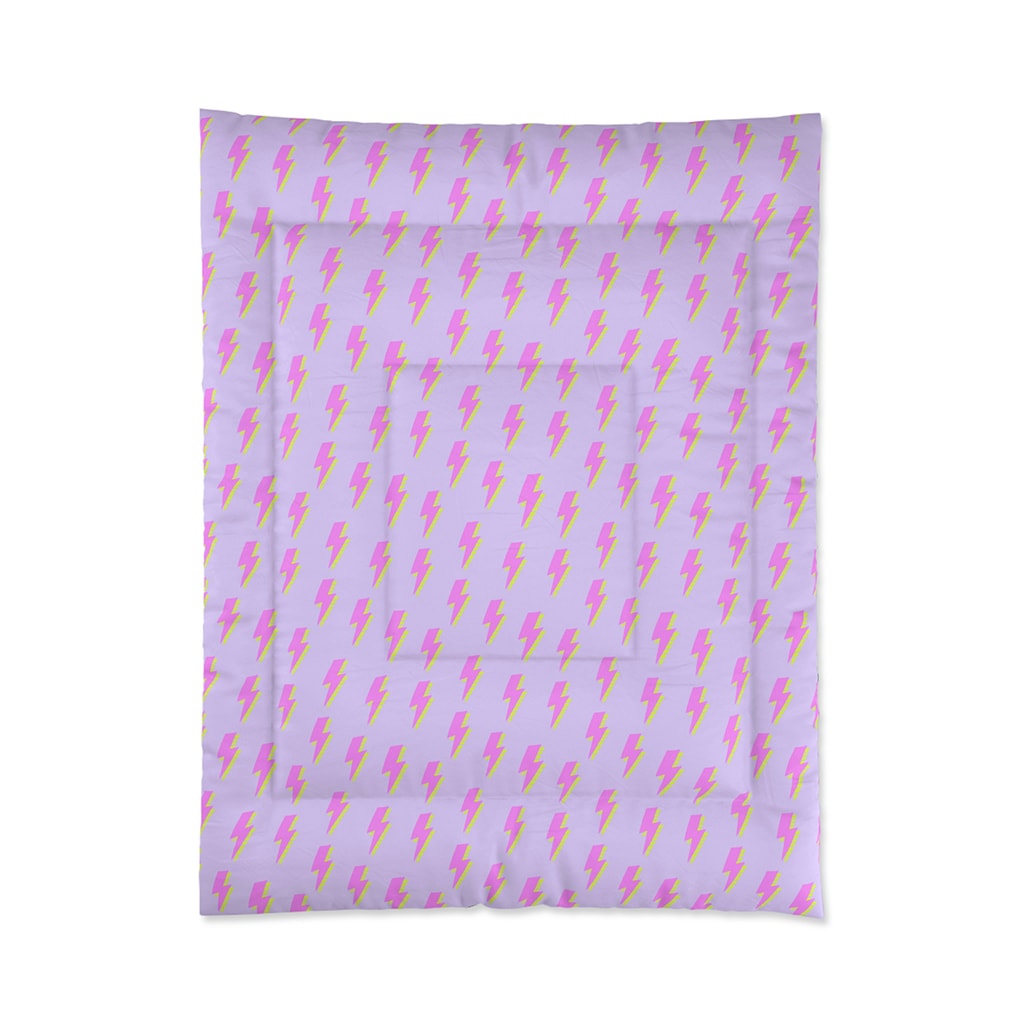 Purple preppy comforter with pink and yellow lightning bolts, aesthetic room decor for teen girls and dorm rooms