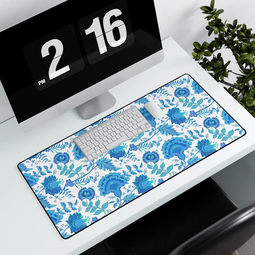 Preppy Desk Decor Blue Floral, Large Mousepad, Preppy Desk Accessories