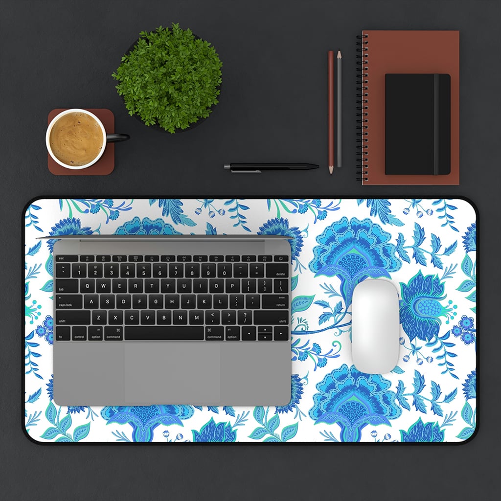 Preppy Desk Decor Blue Floral, Large Mousepad, Preppy Desk Accessories