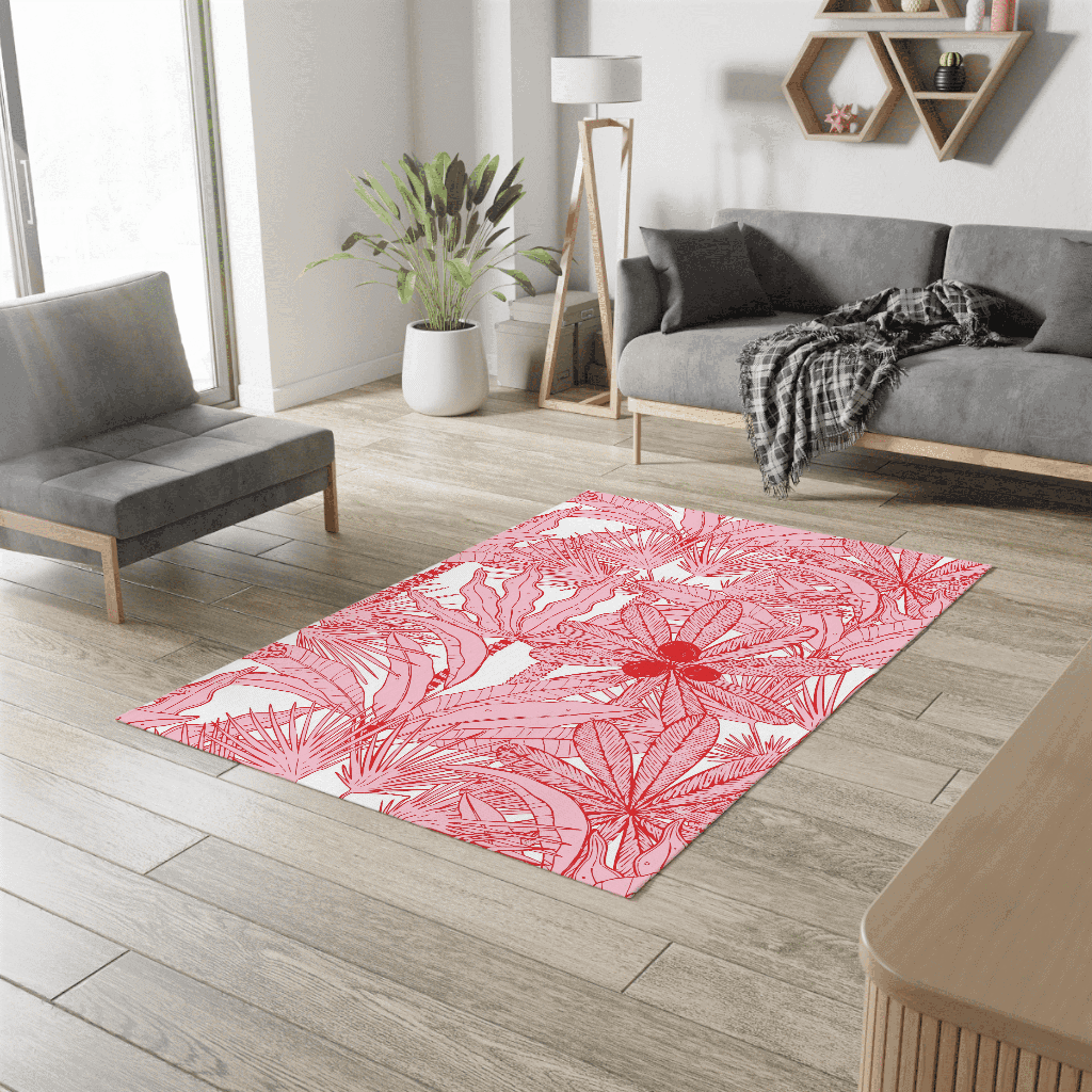Red Pink Rugs Tahiti, Pink Tropical Monochrome Area Rugs
