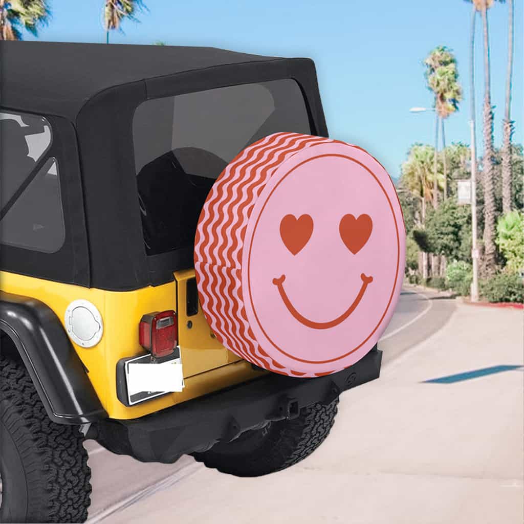 cute spare tire cover for jeep pink and red smiley with hearts as eyes