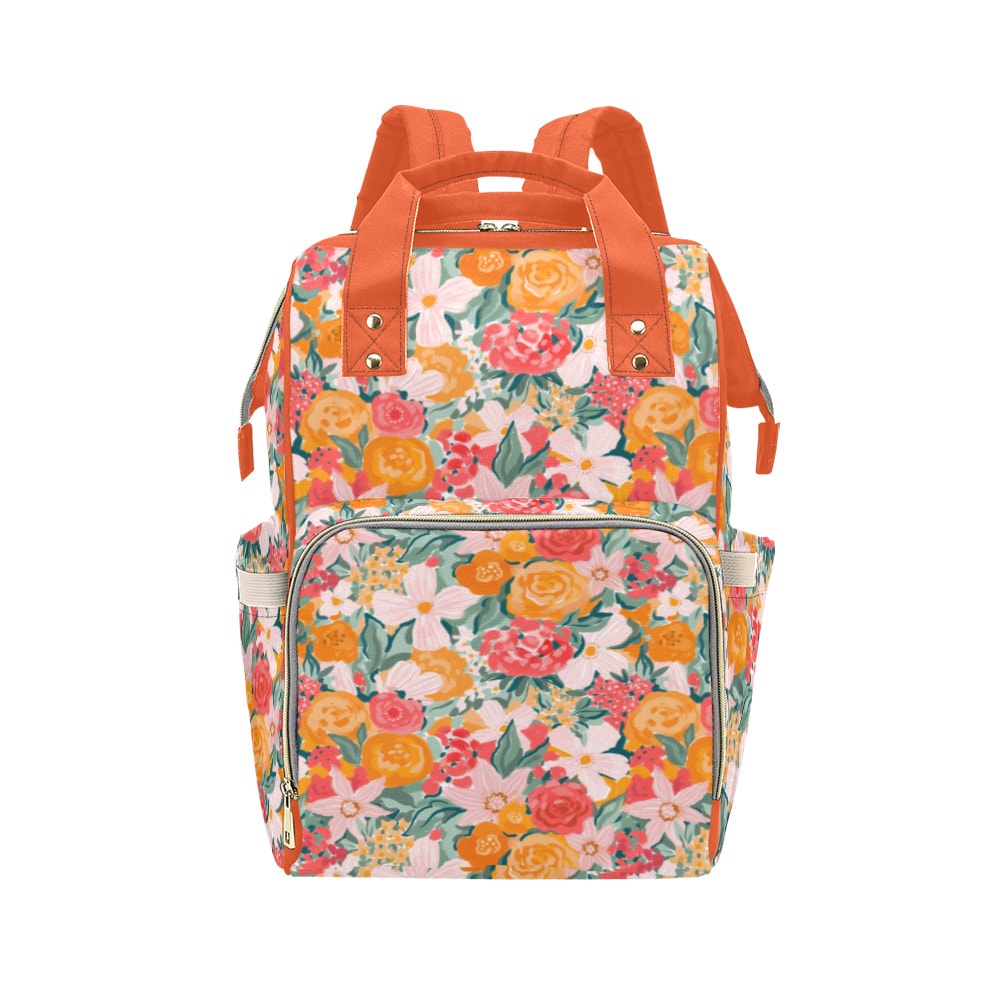 Diaper back, multifunctional backpack for women, watercolor floral orange