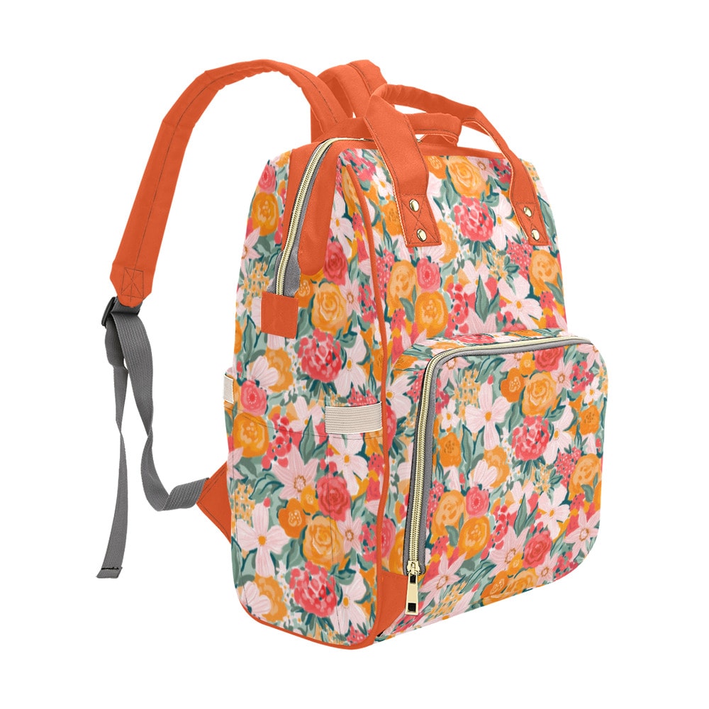 Diaper back, multifunctional backpack for women, watercolor floral orange