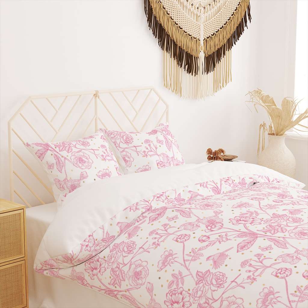 Toile Bedding Set Pink - Classic Toile de Jouy Duvet Cover and Pillow