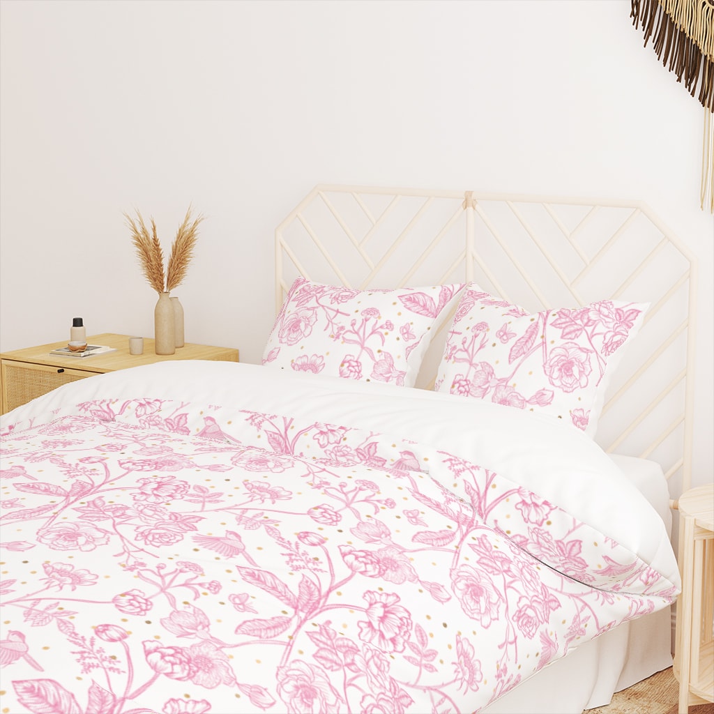 Toile Bedding Set Pink - Classic Toile de Jouy Duvet Cover and Pillow