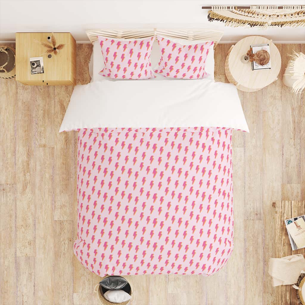 preppy pink duvet cover and pillowcase set with lightning bolts