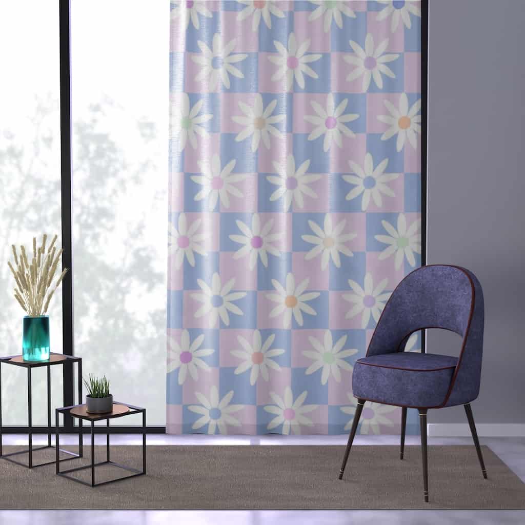 Soft Aesthetic Blackout Curtain Pink Blue Checkered with Daisies 