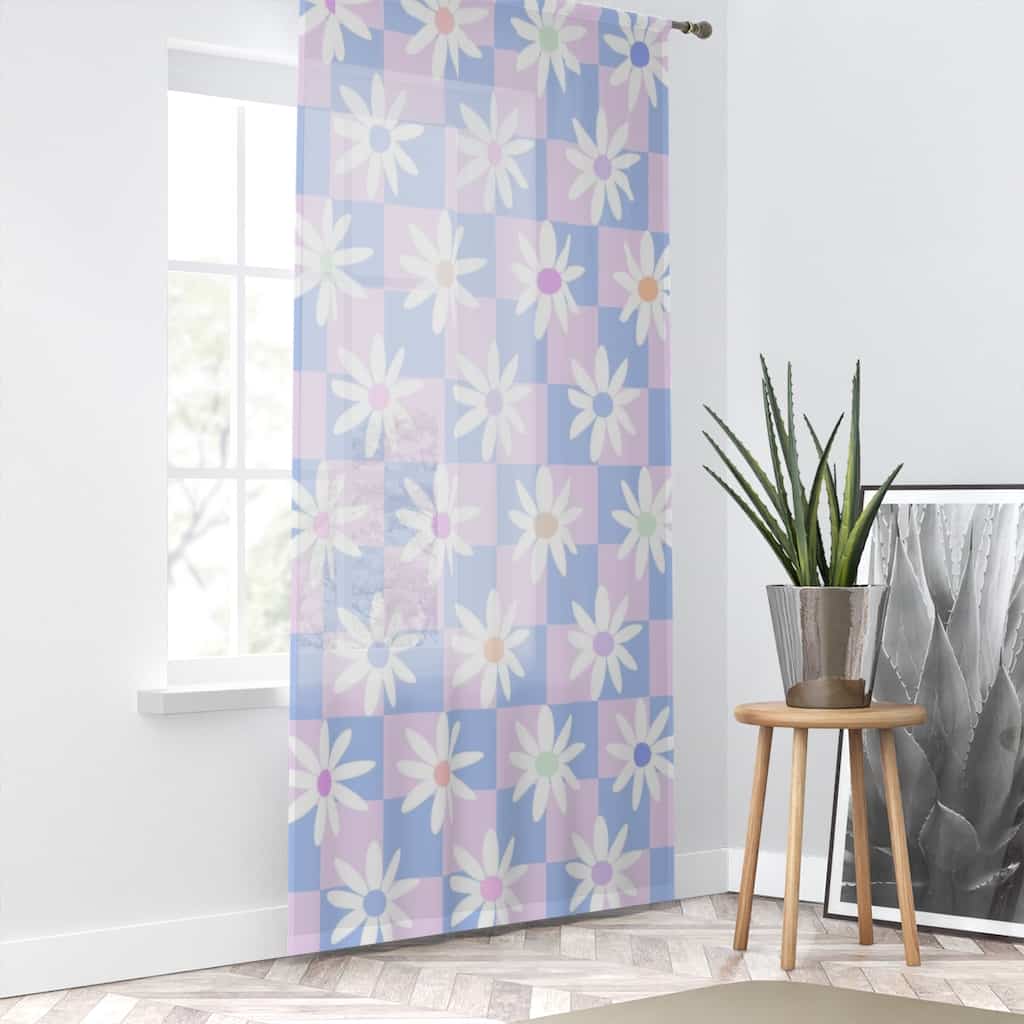 Soft Aesthetic Sheer Curtain Pink Blue Checkered with Daisies