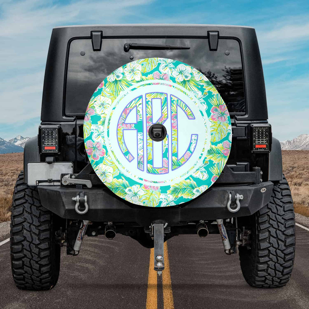 customizable spare tire cover for jeep monogrammed green floral pattern from literally pretty