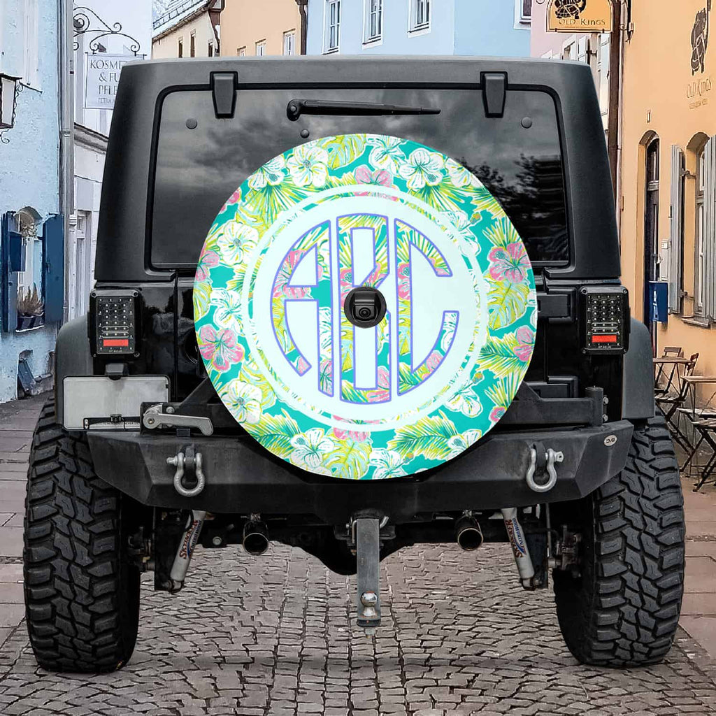 customizable spare tire cover for jeep monogrammed green floral pattern from literally pretty