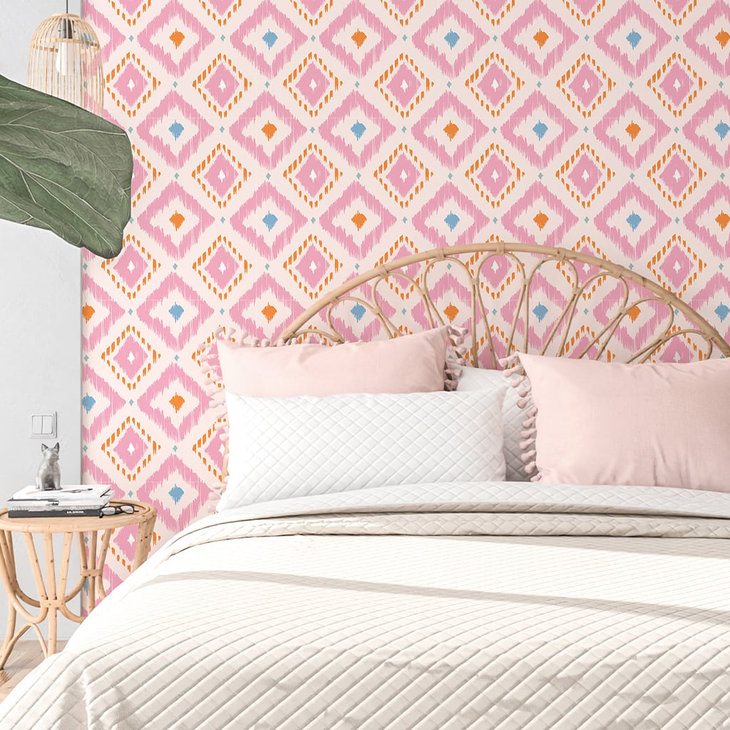 Boho Wallpaper Pink, Bohemian Ikat Removable Wallpaper, Pink