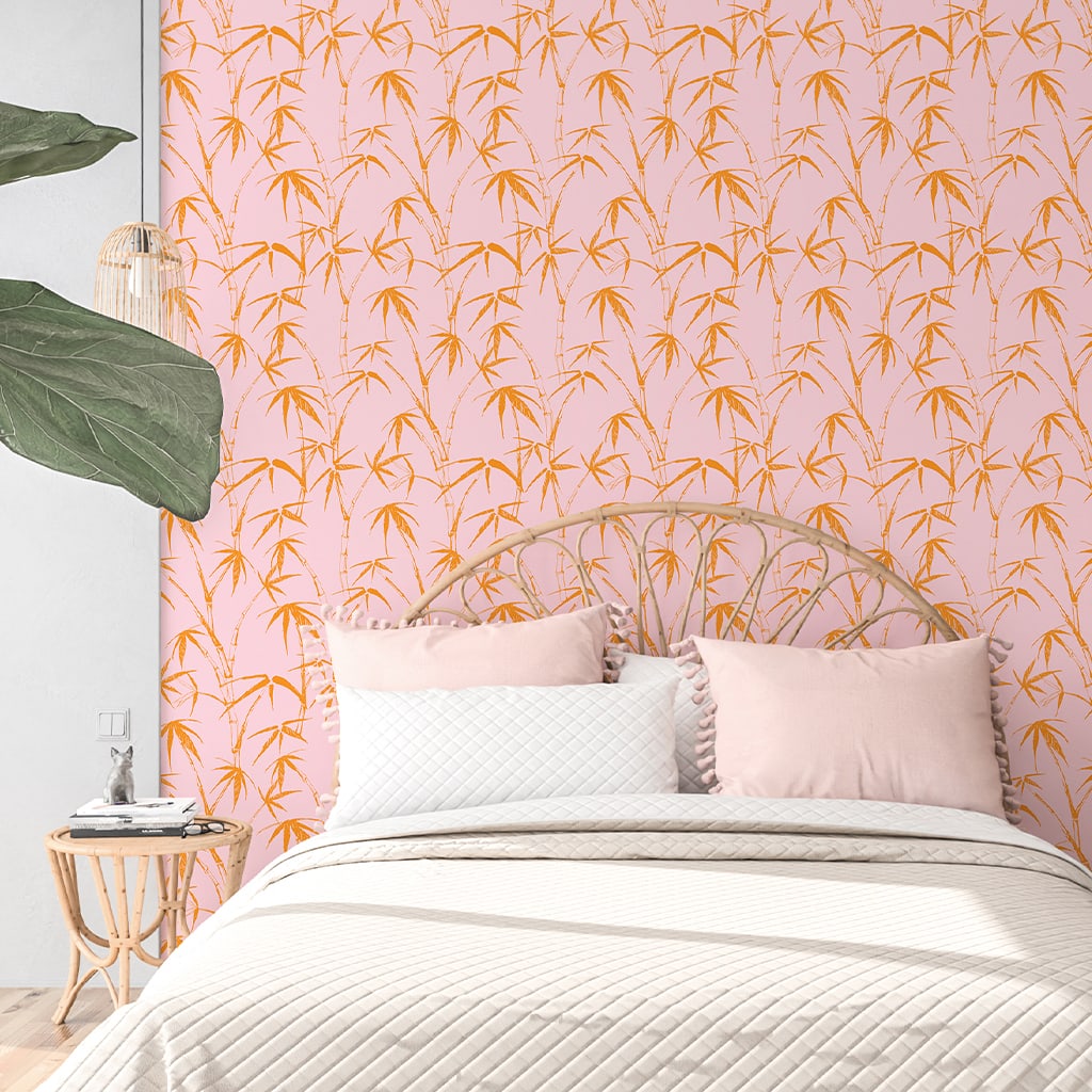 Bamboo Wallpaper Pink Orange, Peel and Stick Wallpaper Tropical